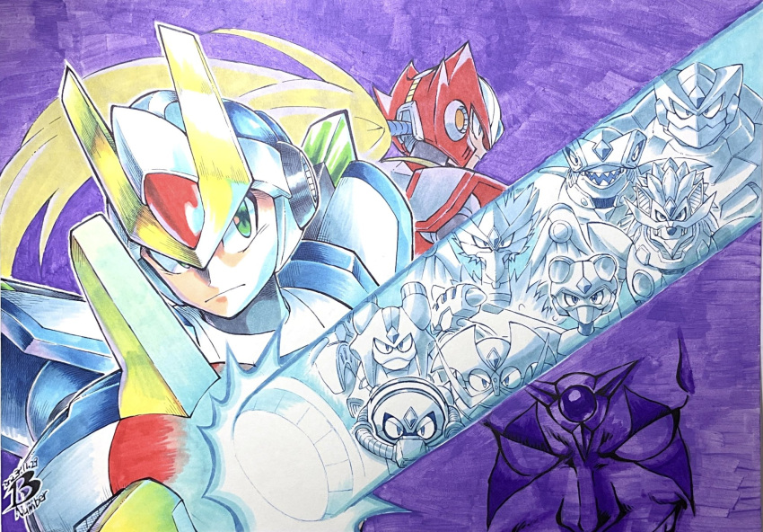 6+boys, anniversary, arm_blade, arm_cannon, armor, artist_logo, blade_armor_x_(mega_man), blaze_heatnix_(mega_man)