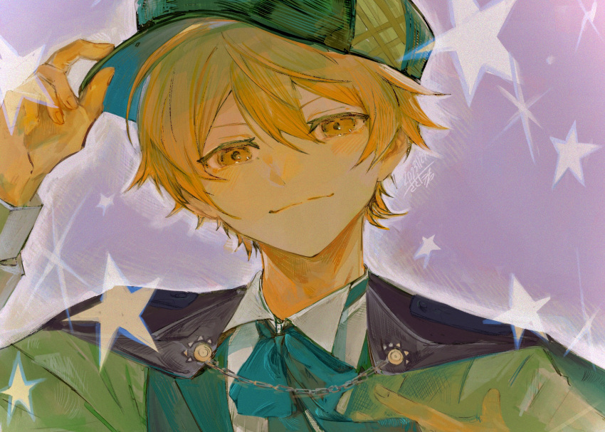 1boy, blonde_hair, blue_bow, blue_bowtie, blue_headwear, blue_vest, bow, bowtie