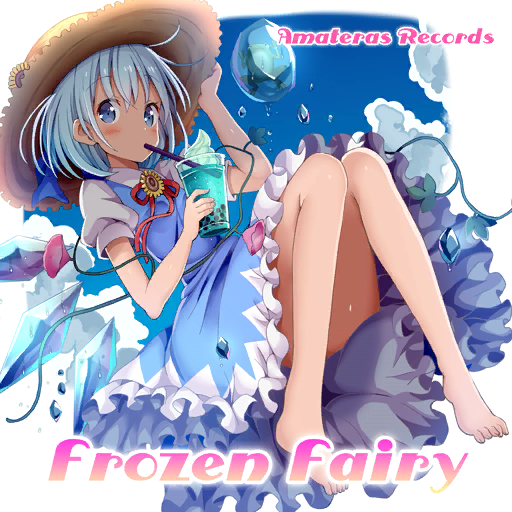 1girl, album_cover, alternate_headwear, amateras_records, bare_legs, barefoot, blue_bow, blue_dress, blue_eyes, blue_hair, blue_sky, bow, bubble_tea, circle_name, cirno, clouds, collared_shirt, cover, cup, dress, drinking_straw, english_text, fairy_wings, floating, flower, frozen_frog, full_body, game_cg, givuchoko, hair_bow, hand_on_headwear, hat, holding, holding_cup, ice, ice_wings, levitation, long_bangs, official_art, pinafore_dress, pink_flower, plant, puffy_short_sleeves, puffy_sleeves, red_ribbon, ribbon, shirt, short_hair, short_sleeves, sky, sleeveless, sleeveless_dress, solo, sun_hat, sunflower, tanned_cirno, touhou, touhou_cannonball, vines, white_shirt, wings