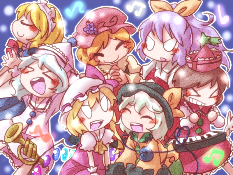 blonde_hair, brown_hair, flandre_scarlet, food, fruit, grapes, hat, instrument