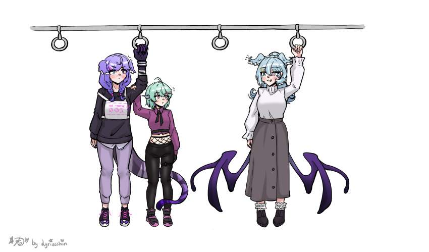 3girls, asymmetrical_arms, black_footwear, black_pants, black_shirt, blue_eyes, blue_hair, braid