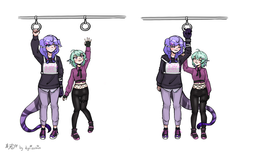 2girls, asymmetrical_arms, black_nails, black_pants, black_shirt, blue_eyes, braid, closed_eyes