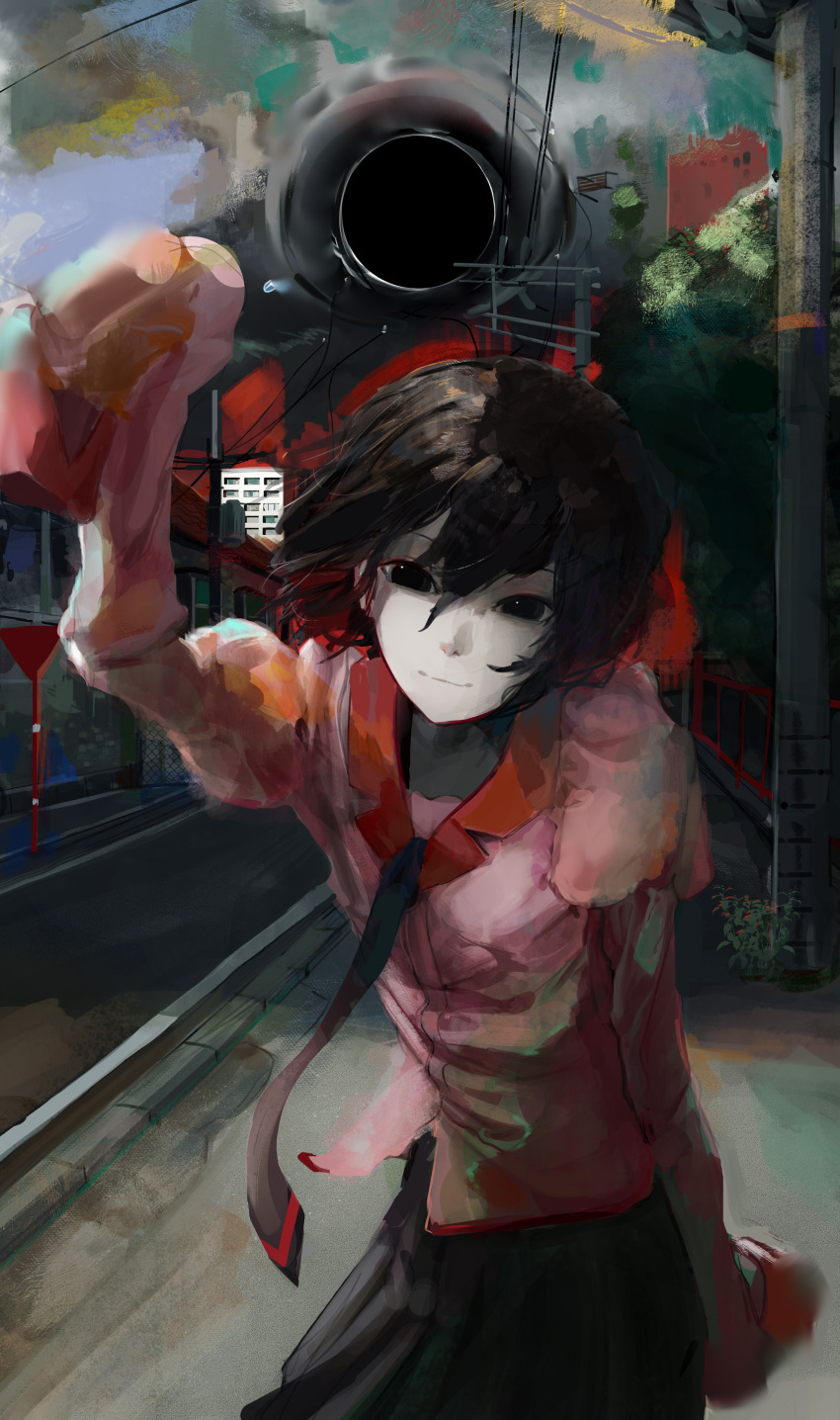 1girl, absurdres, arm_at_side, arm_up, bench, black_eyes, black_hair, black_hole