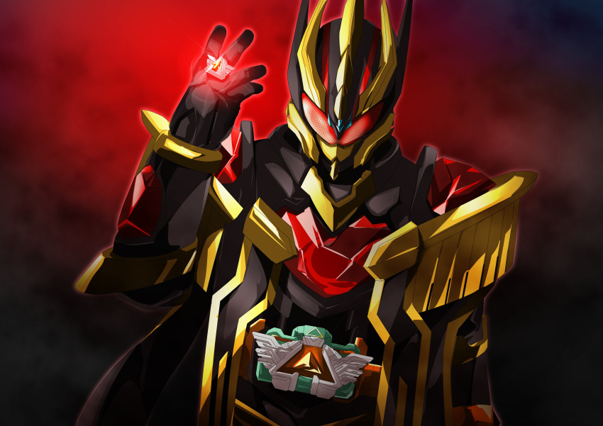 1boy, absurdres, alchemisdriver, alchemist, armor, black_armor, cape, driver_(kamen_rider), gem, glowing, gold_armor, gold_trim, highres, jewelry, kamen_rider, kamen_rider_gotchard_(series), kamen_rider_wind, male_focus, miyabi_(037), open_hand, red_eyes, red_gemstone, rider_belt, ring, tokusatsu