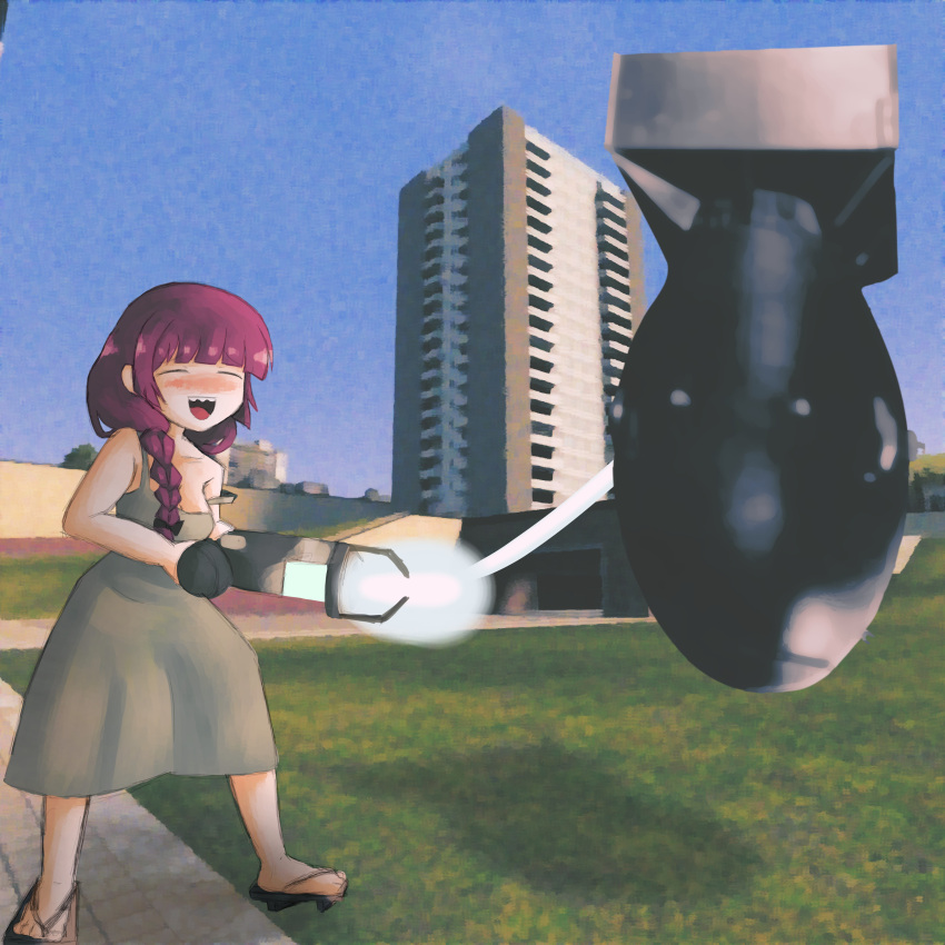 1girl, :d, =_=, absurdres, apartment, blue_sky, blunt_bangs, blush