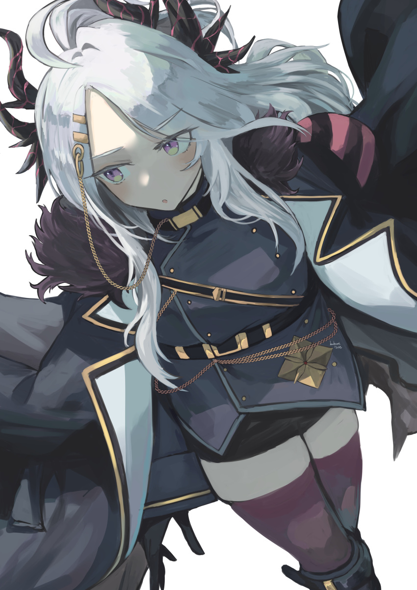 1girl, absurdres, ahoge, black_coat, black_dress, black_gloves, black_skirt, blue_archive