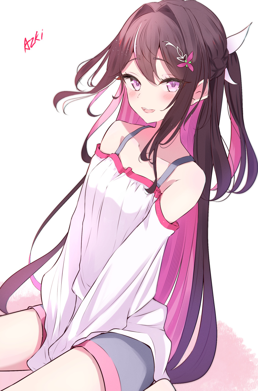 1girl, absurdres, alternate_costume, azki_(hololive), bare_shoulders, black_hair, black_shorts, blush