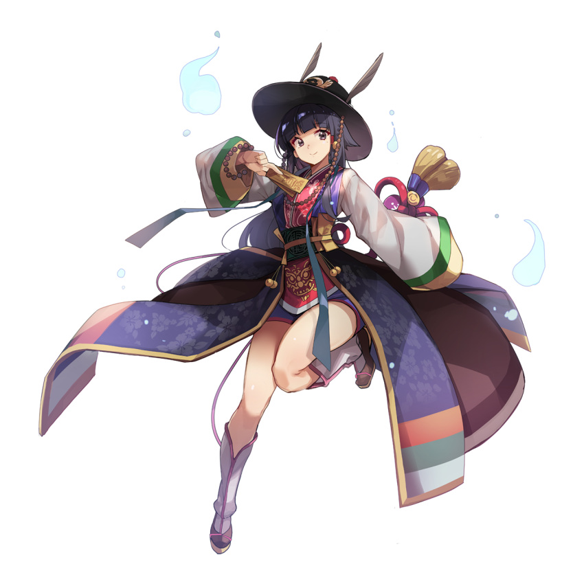 1girl, between_fingers, black_eyes, black_footwear, black_hair, black_headwear, blue_skirt, blunt_bangs