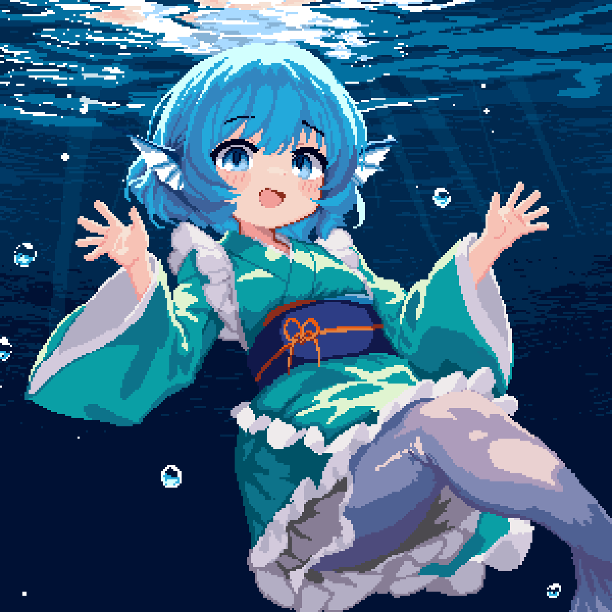 1girl, 999_(hansode), :d, air_bubble, aqua_kimono, blue_eyes, blue_hair, bubble, commentary_request, fins, frilled_kimono, frills, full_body, hands_up, head_fins, highres, japanese_clothes, kimono, long_sleeves, looking_at_viewer, mermaid, monster_girl, obi, open_mouth, pixel_art, sash, short_hair, smile, solo, touhou, underwater, wakasagihime, water, wide_sleeves