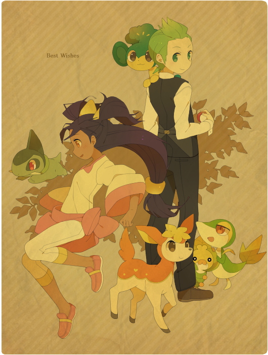 1boy, 1girl, axew, deerling, dent_(pokemon), green_eyes, green_hair, iris_(pokemon)
