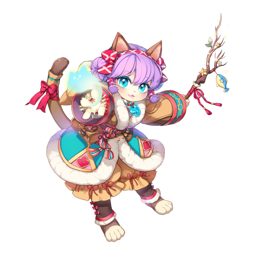 1girl, animal_ears, barefoot, blue_eyes, bow, brown_coat, brown_pants, cat_ears