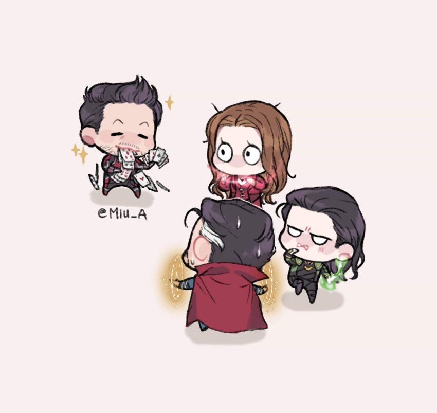 1girl, 3boys, akira_yoru, ant-man, back, black_bodysuit, black_eyes, black_footwear