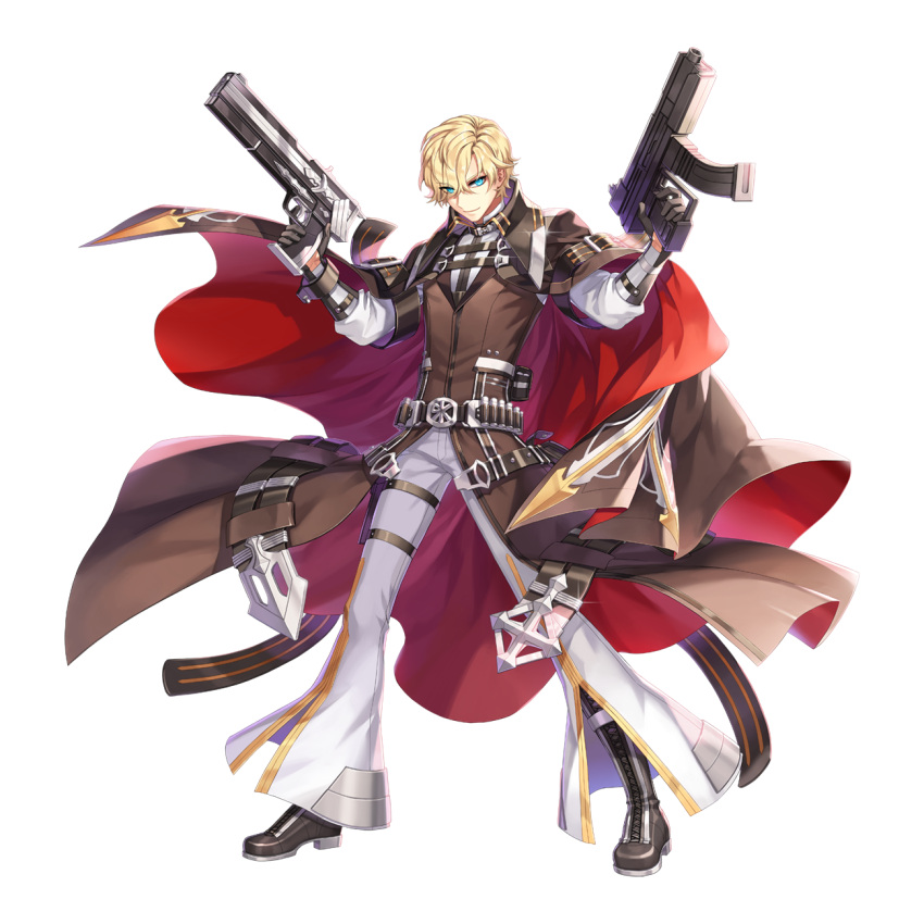 1boy, bandolier, belt, black_belt, black_footwear, black_gloves, blonde_hair, blue_eyes
