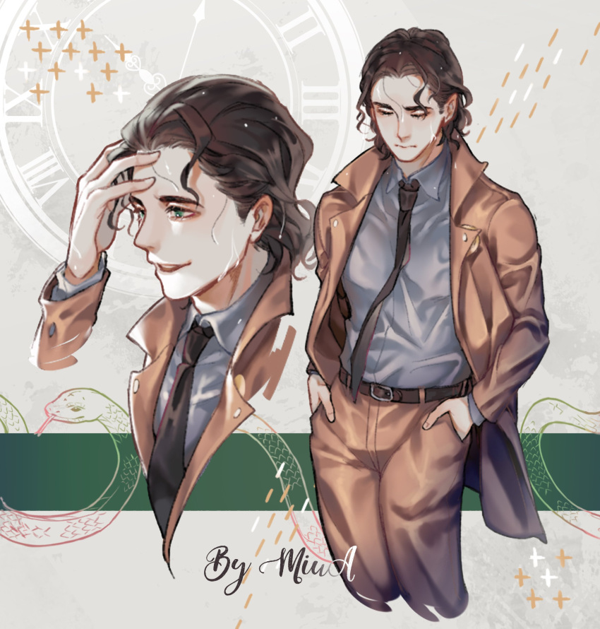 1boy, absurdres, akira_yoru, belt, black_hair, black_necktie, brown_belt, brown_jacket