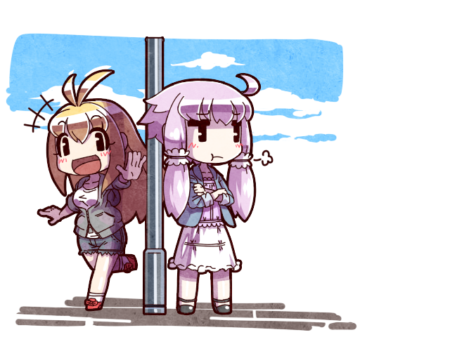+++, 2girls, ahoge, angry, antenna_hair, black_eyes, blonde_hair, blouse