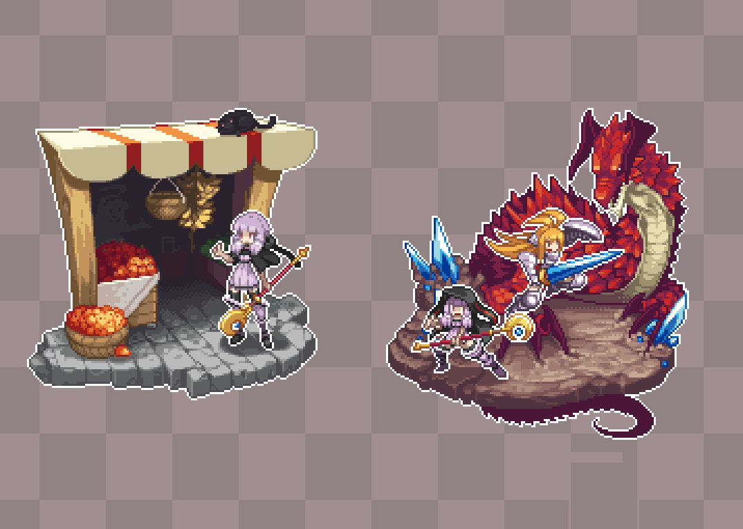 3girls, ahoge, alternate_costume, animal_hood, antenna_hair, armor, awning, banana, basket, battle, black_capelet, black_cat, black_hoodie, blonde_hair, blunt_bangs, boots, breastplate, buckler, bunch_of_bananas, capelet, cat, cobblestone, commentary_request, crescent, crystal, dragon, dress, faux_figurine, food, fruit, gauntlets, greaves, hand_up, hanging_food, holding, holding_staff, holding_sword, holding_weapon, hood, hood_down, hood_up, hooded_capelet, hoodie, index_finger_raised, jumping, long_hair, market, moyasiwhite, multiple_girls, multiple_views, open_clothes, open_hoodie, orange_(fruit), outline, pixel_art, poleyn, purple_dress, purple_footwear, purple_hair, rabbit_hood, shield, short_dress, short_hair_with_long_locks, silhouette, staff, standing, sword, thigh_boots, touhoku_zunko, tsurumaki_maki, violet_eyes, vocaloid, voiceroid, weapon, white_outline, wide_shot, yuzuki_yukari