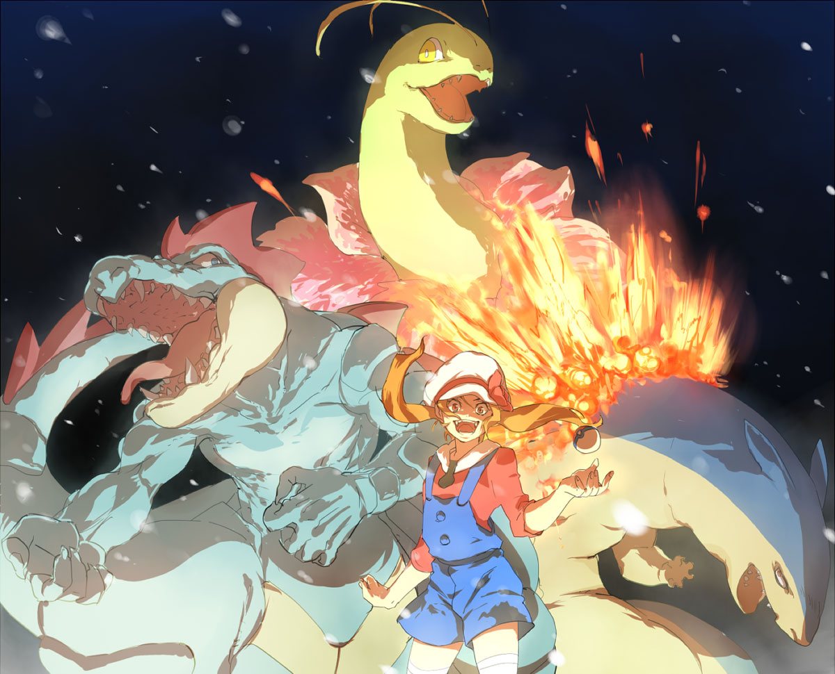 brown_hair, cabbie_hat, feraligatr, fire, grin, hat, kotone_(pokemon), meganium
