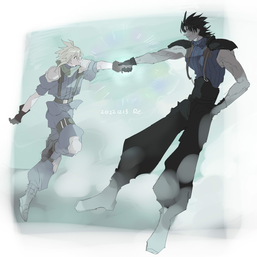 2boys, abstract_background, armor, belt, black_belt, black_gloves, black_hair, black_pants