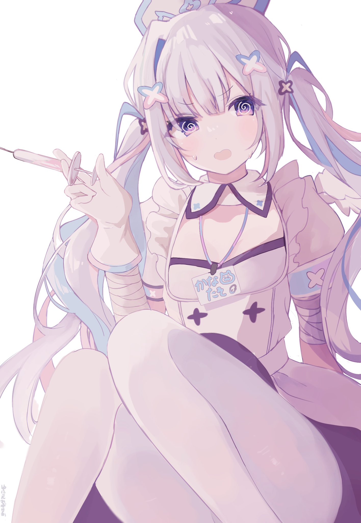 1girl, @_@, amane_kanata, amane_kanata_(nurse), apron, artist_name, bandaged_arm, bandages
