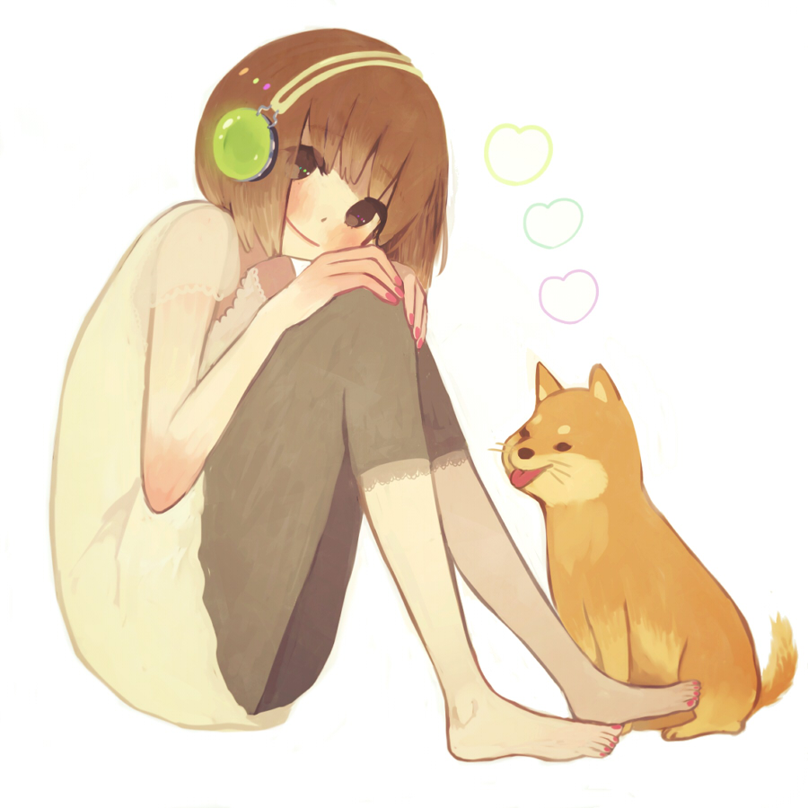 barefoot, blush, brown_eyes, brown_hair, dog, feet, headphones, knees_on_chest