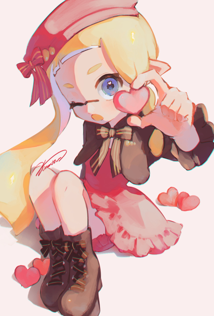 1girl, :o, black_footwear, blonde_hair, blue_eyes, blue_hair, boots, commentary, cross-laced_footwear, english_commentary, full_body, hat, heart, highres, holding, holding_heart, inkling, inkling_girl, inkling_player_character, kana_tsu07, long_hair, one_eye_closed, pointy_ears, red_headwear, red_skirt, signature, simple_background, sitting, skirt, solo, splatoon_(series), tentacle_hair, white_background