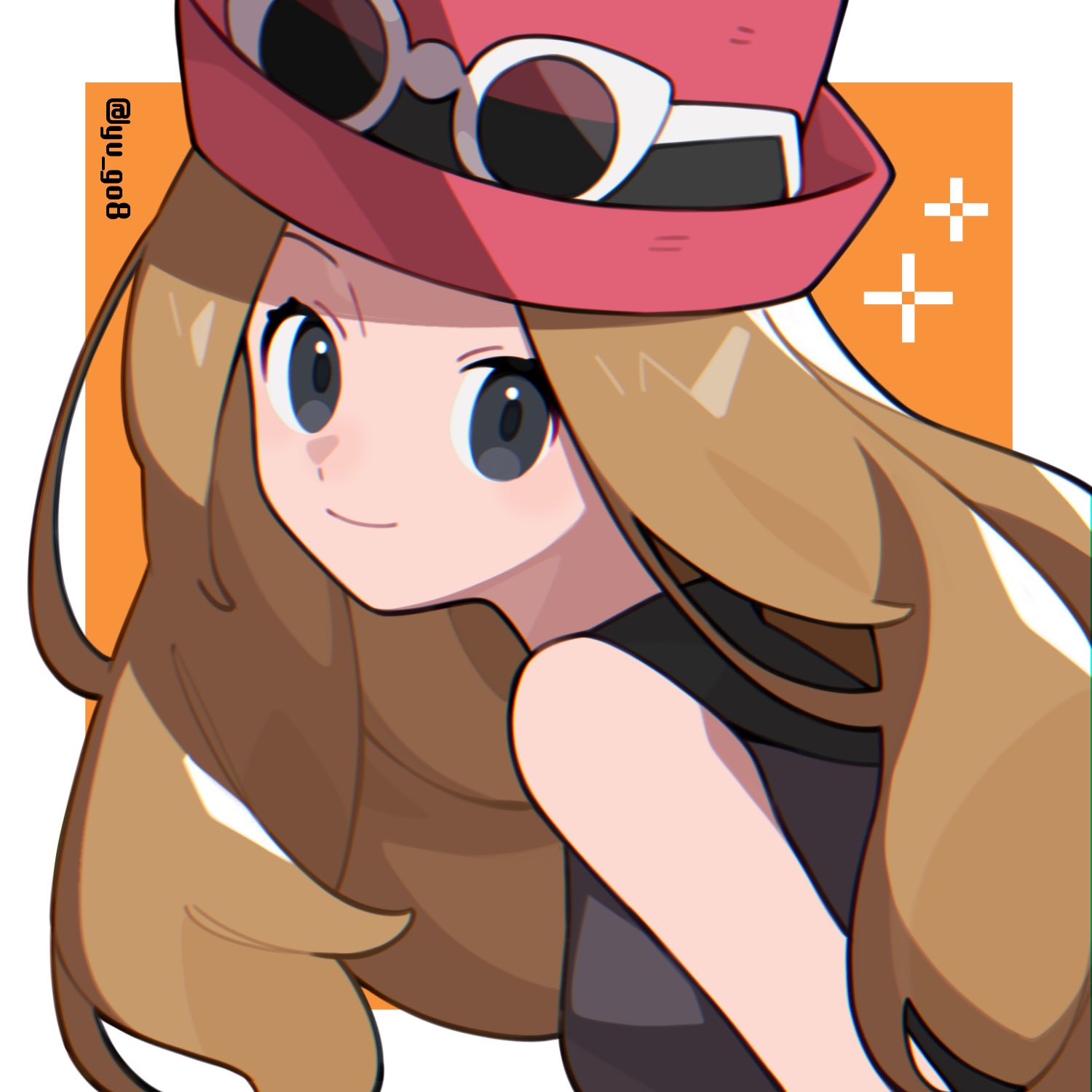 1girl, artist_name, border, brown_hair, closed_mouth, eyewear_on_headwear, grey_eyes, hat