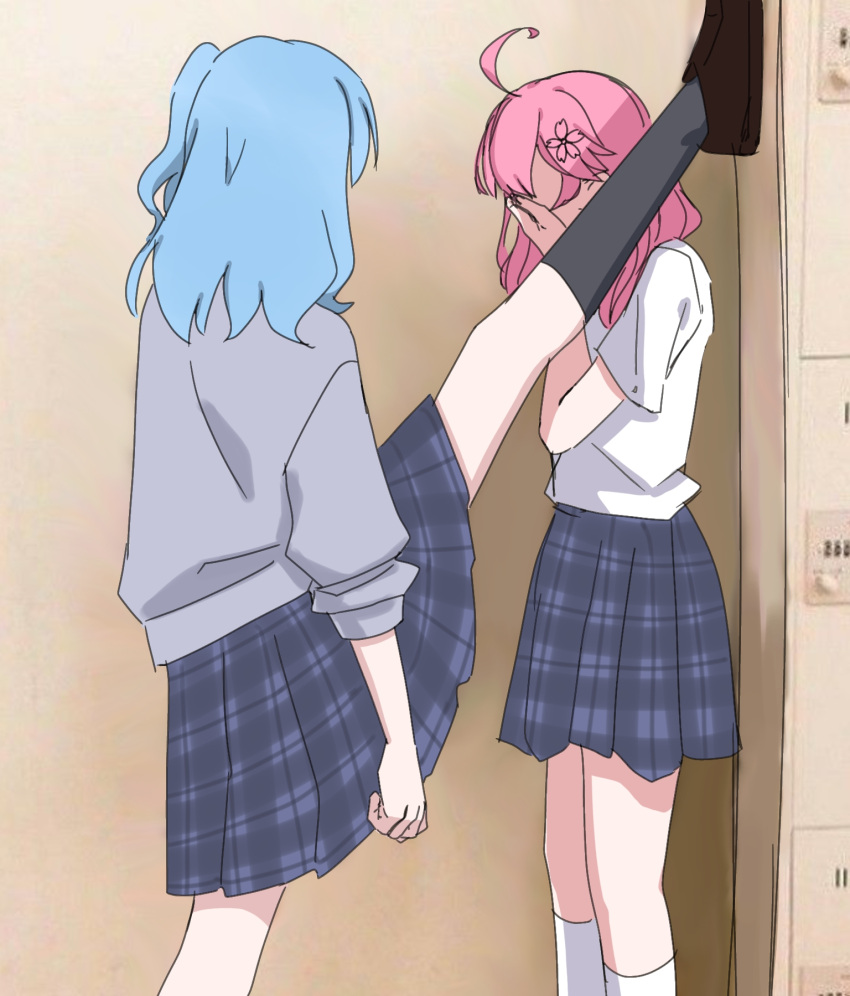 2girls, ahoge, alternate_costume, black_socks, blue_hair, commentary, covering_face, feet_out_of_frame