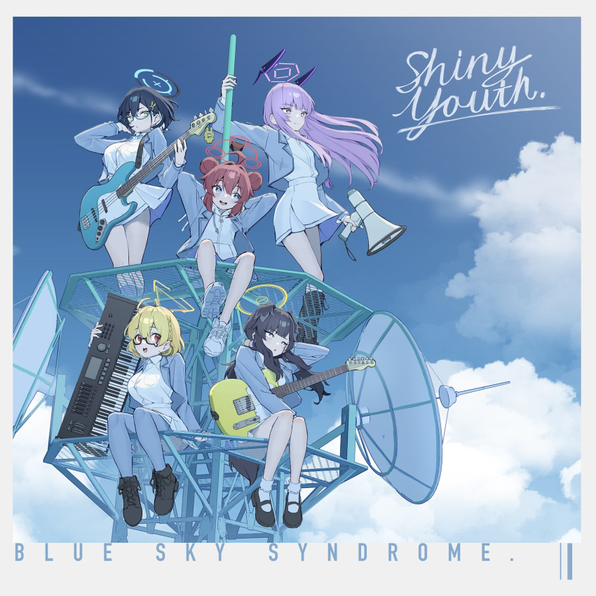 5girls, ahoge, alternate_costume, animal_ears, band, black_hair, blonde_hair, blue_archive