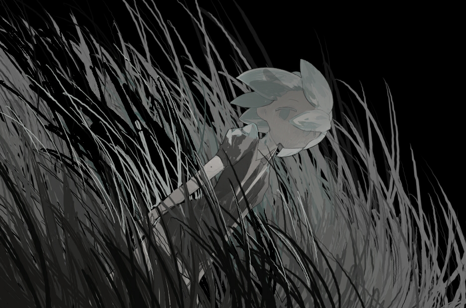 1other, androgynous, closed_mouth, commentary, cowboy_shot, dot_mouth, dutch_angle, expressionless, field, gem_uniform_(houseki_no_kuni), green_hair, greyscale, hen10, houseki_no_kuni, looking_at_viewer, monochrome, necktie, other_focus, phosphophyllite, short_hair, solo, standing, symbol-only_commentary