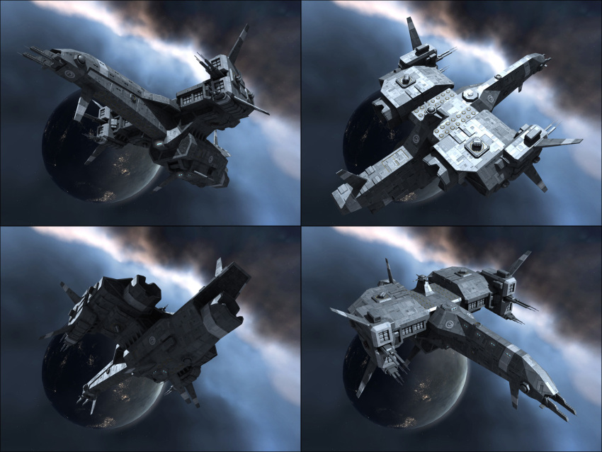 3d, battleship_(eve_online), caldari_state_(eve_online), commentary, concept_art, emblem, eve_online, from_above, from_behind, from_below, from_side, glowing, grey_theme, highres, military_vehicle, missile_pod, multiple_views, nebula, no_humans, original, outdoors, planet, radio_antenna, realistic, reference_sheet, science_fiction, space, spacecraft, spinner-vision, thrusters, turret, vehicle_focus