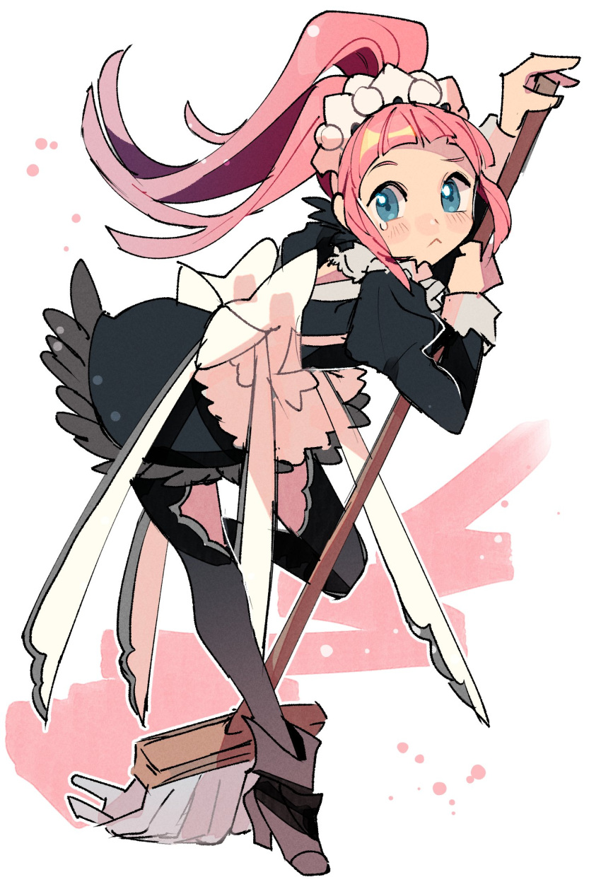 1girl, :<, apron, black_dress, black_footwear, black_thighhighs, blue_eyes, blunt_bangs