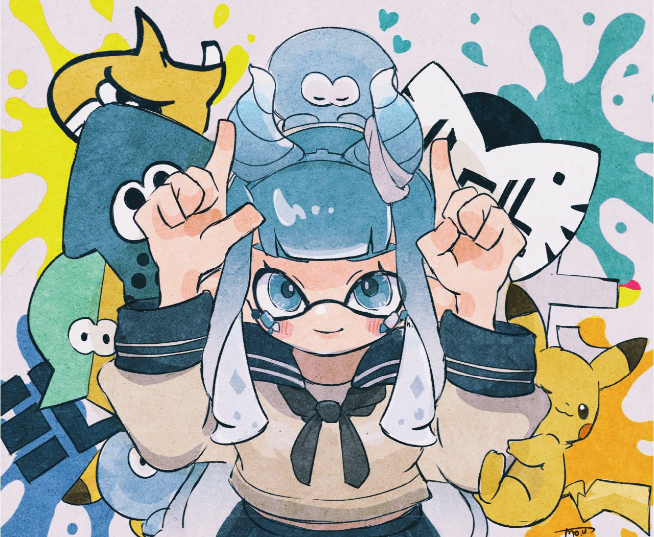 1girl, :3, arms_up, blue_eyes, blue_hair, closed_mouth, commentary, fake_horns, horns, index_finger_raised, inkling, inkling_girl, inkling_player_character, jellyfish_(splatoon), long_hair, moyu_u0, one_eye_closed, paint_splatter, pikachu, pointy_ears, pokemon, pokemon_(creature), simple_background, smile, splatoon_(series), splatoon_3, symbol-only_commentary, tail, tentacle_hair, thick_eyebrows, white_background, yellow_fur