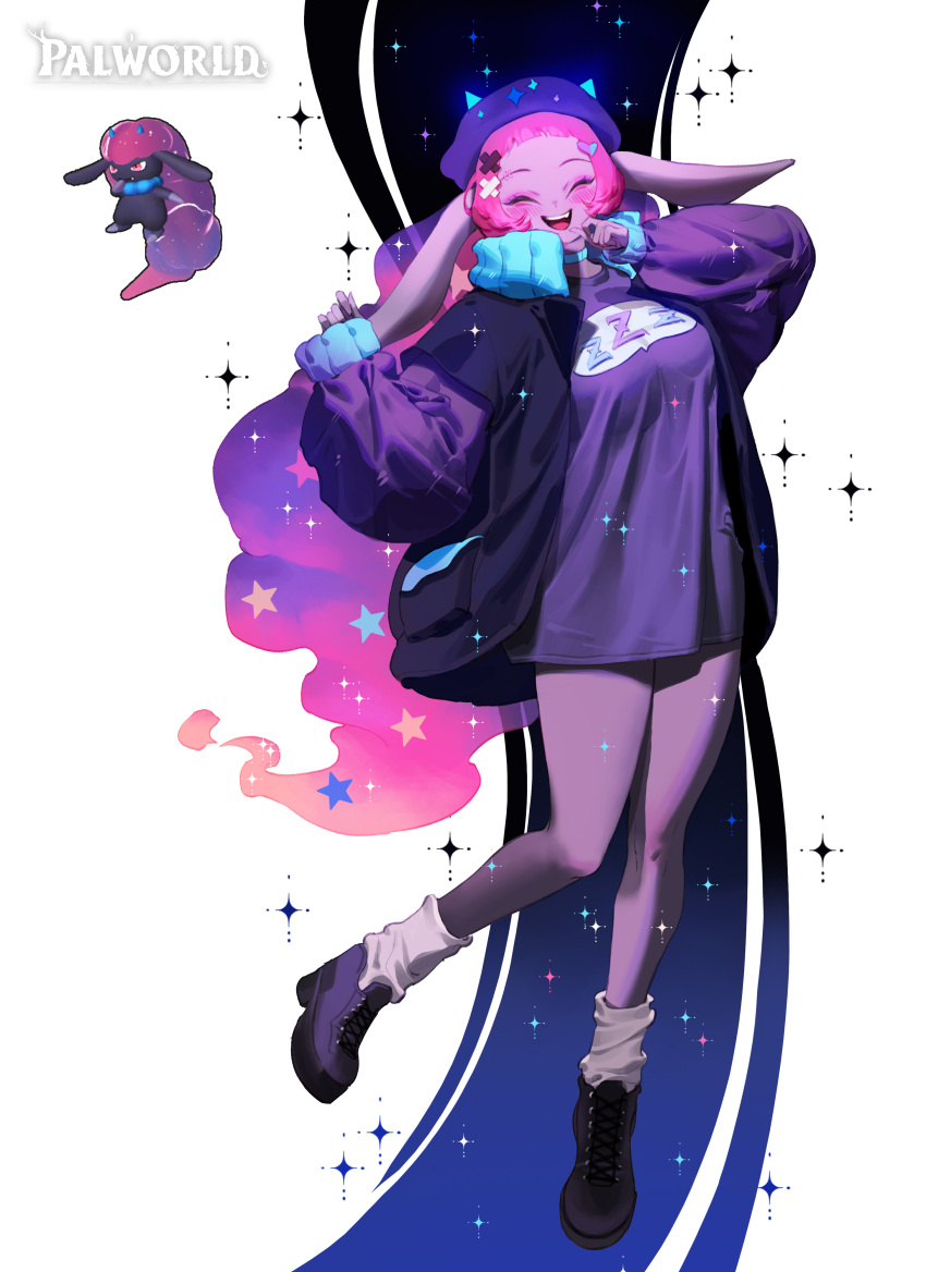 1girl, absurdres, arms_up, bare_legs, beret, blunt_bangs, blush, boots, closed_eyes, colored_skin, commentary, creature_and_personification, daedream, english_commentary, facing_viewer, full_body, gradient_hair, hair_ornament, hand_on_own_face, hat, high_heel_boots, high_heels, highres, jacket, leg_up, light_particles, long_hair, looking_at_viewer, multicolored_clothes, multicolored_hair, multicolored_jacket, open_clothes, open_jacket, open_mouth, palworld, pink_hair, pointy_ears, purple_footwear, purple_headwear, purple_jacket, purple_shirt, purple_skin, shirt, short_bangs, simple_background, smile, socks, solo_focus, standing, standing_on_one_leg, very_long_hair, white_background, white_socks, wonbin_lee
