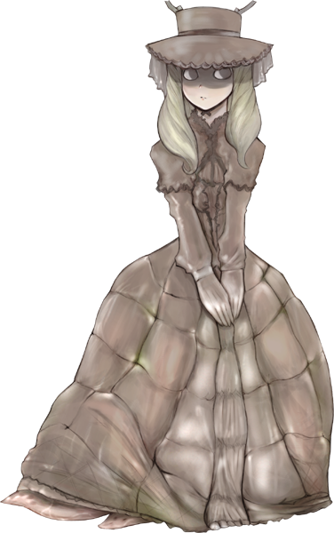 1girl, black_eyes, blonde_hair, bmp-to-png_conversion, brown_capelet, brown_dress, brown_headwear, capelet, closed_mouth, dress, full_body, game_cg, hat, long_dress, long_hair, long_sleeves, looking_to_the_side, melk_(mon-musu_quest!), mon-musu_quest!, non-web_source, own_hands_together, simple_background, slug_girl, solid_circle_eyes, solo, standing, transparent_background, un_do, veil