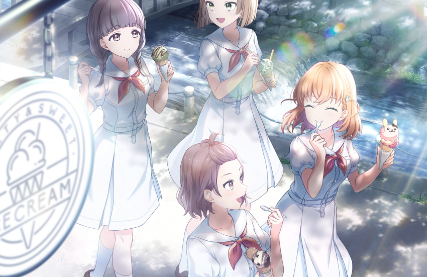 4girls, bangs_pinned_back, belt, biwako_(love_live!), black_hair, braid, breast_pocket, bridge
