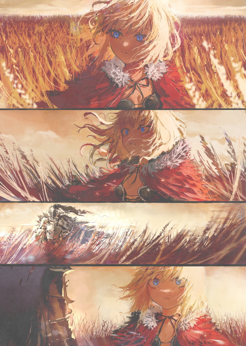 armor, black_souls, blonde_hair, blue_eyes, cloak, coat, fur-trimmed_coat, fur_trim, goddkilly, grimm_(black_souls), highres, red_hood_(black_souls), short_hair