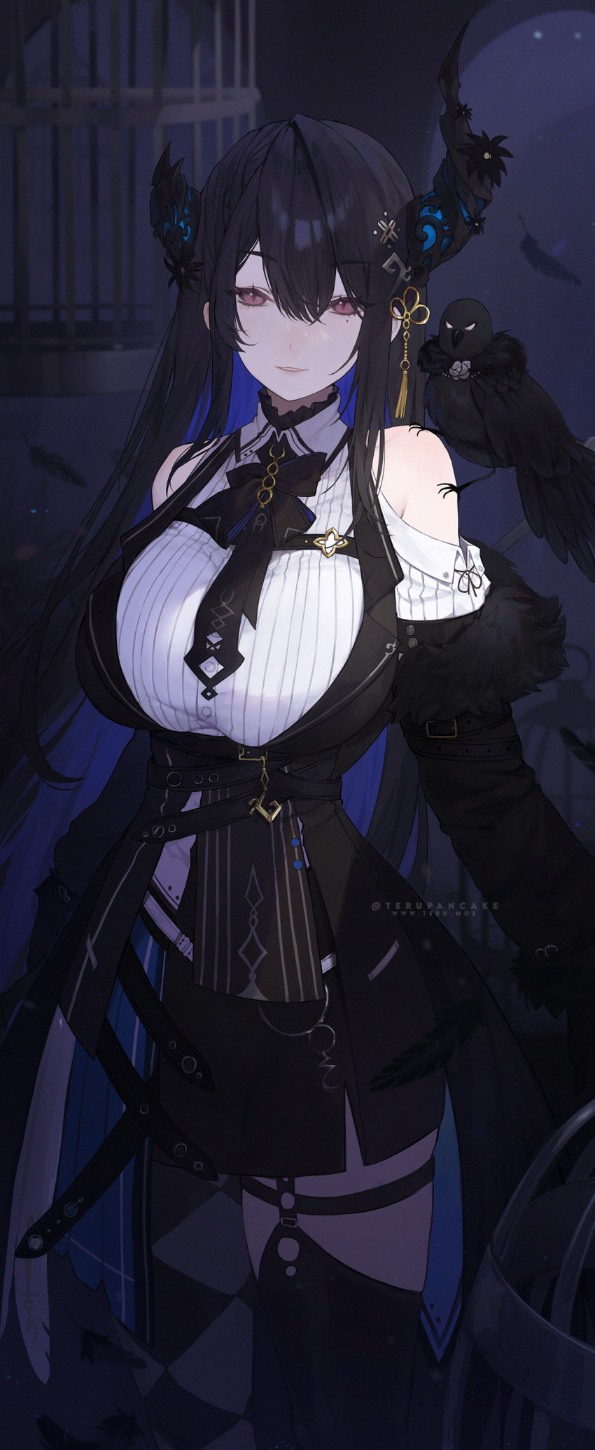 1girl, absurdres, alternate_breast_size, asymmetrical_horns, bare_shoulders, bird, black_hair, blue_hair
