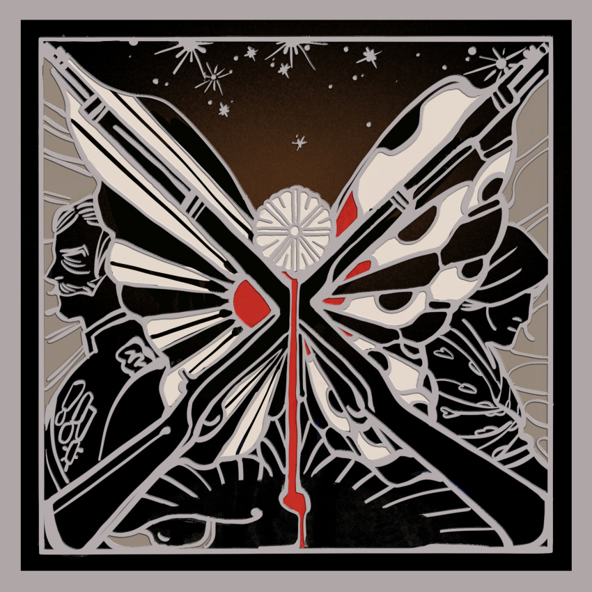 1boy, arisaka, black_background, blood, bolt_action, border, bug, butterfly