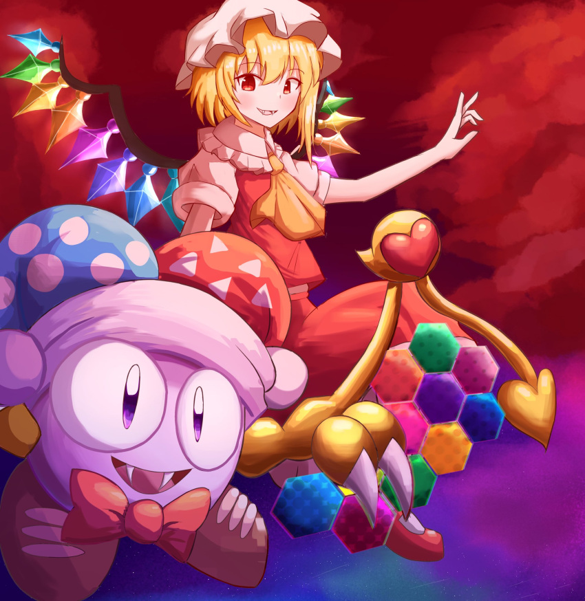 1girl, 1other, ascot, blonde_hair, blue_headwear, commentary, crossover, crystal_wings, english_commentary, fangs, flandre_scarlet, hat, highres, jester_cap, kirby's_dream_land, kirby_(series), kirbyearthbound, marx_(kirby), medium_hair, one_side_up, open_mouth, red_background, red_eyes, red_headwear, red_skirt, red_vest, shirt, shoes, short_sleeves, skirt, slit_pupils, smile, touhou, vest, violet_eyes, white_headwear, white_shirt, yellow_ascot