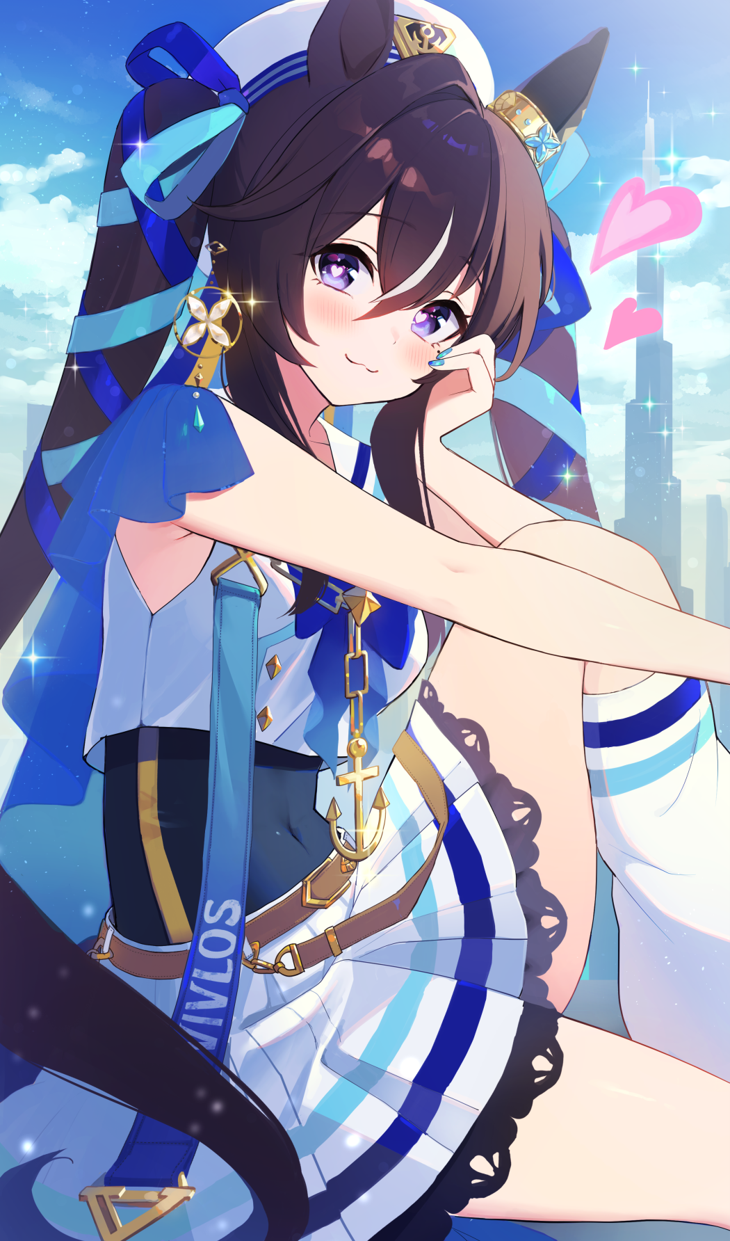 1girl, :3, anchor_necklace, animal_ears, brown_hair, building, burj_khalifa, character_name