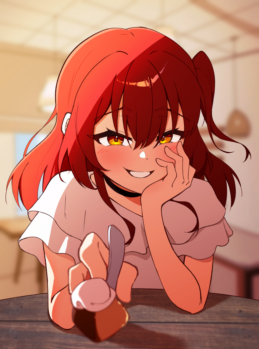 1boy, absurdres, arm_support, blurry, blurry_background, bocchi_the_rock!, cafe, cake