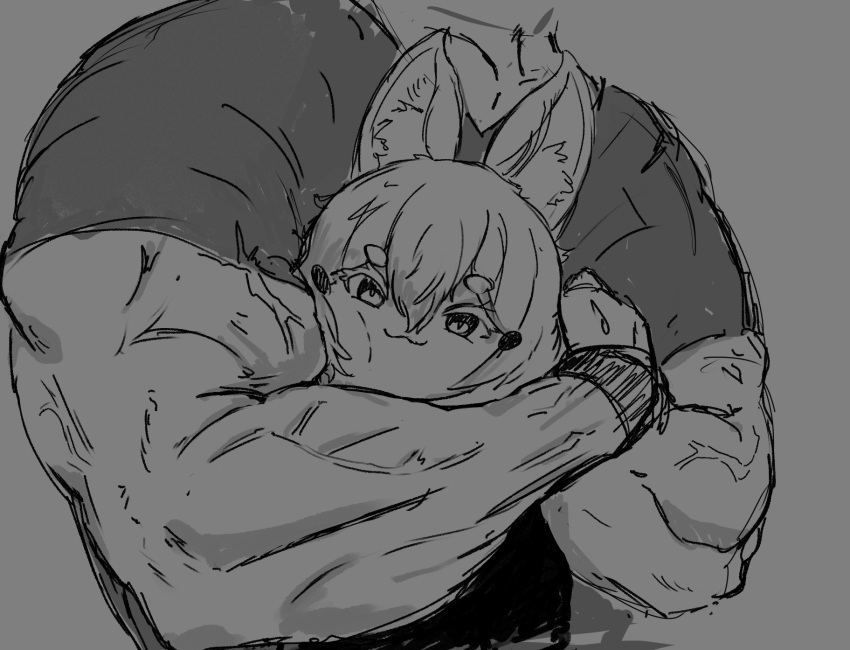 1boy, 1girl, :3, animal_ear_fluff, animal_ears, choke_hold, closed_mouth, greyscale