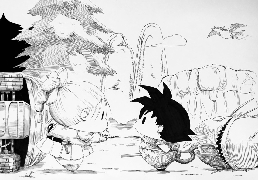 1boy, 1girl, absurdres, bo_staff, bow, braid, braided_ponytail, bulma