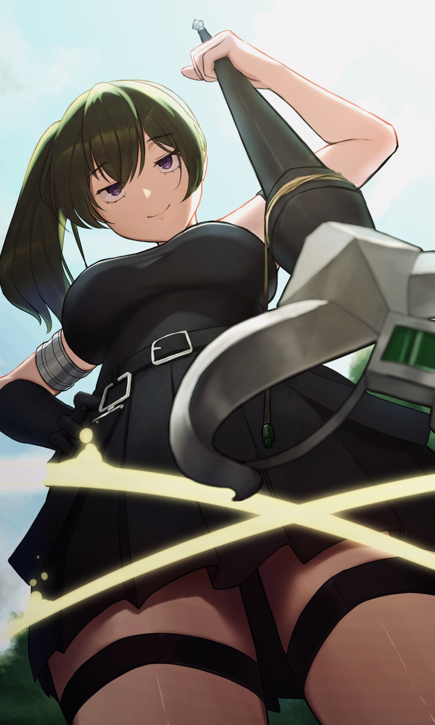 1girl, absurdres, armband, belt, black_belt, black_dress, black_gloves, breasts
