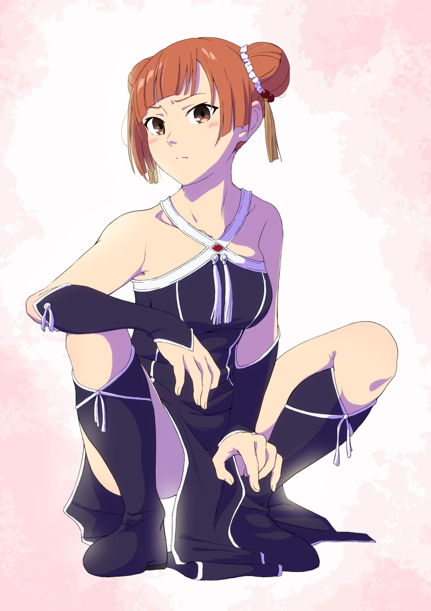 1girl, absurdres, bare_shoulders, black_dress, black_footwear, blunt_bangs, boots, breasts