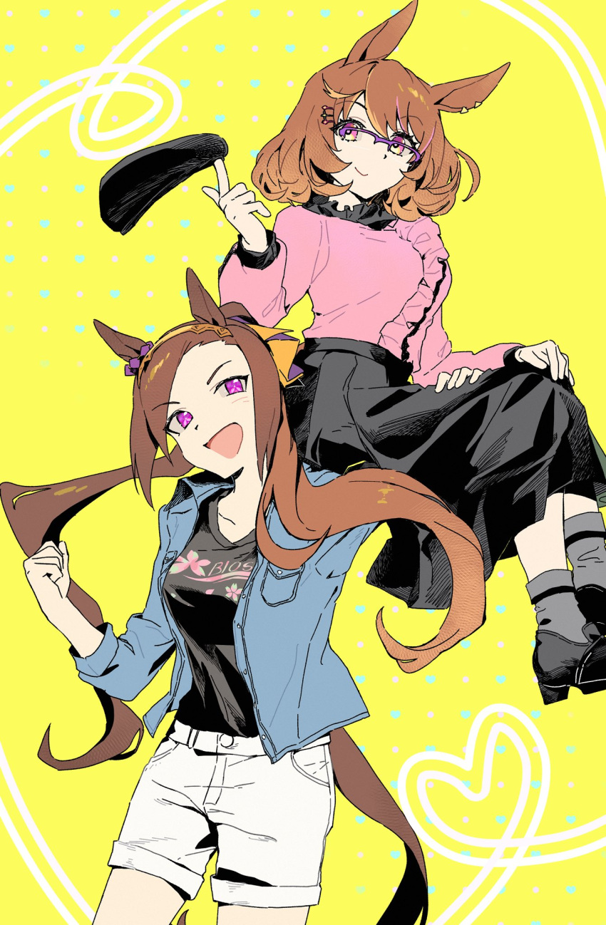 2girls, :d, animal_ears, beret, black_footwear, black_headwear, black_shirt, black_skirt