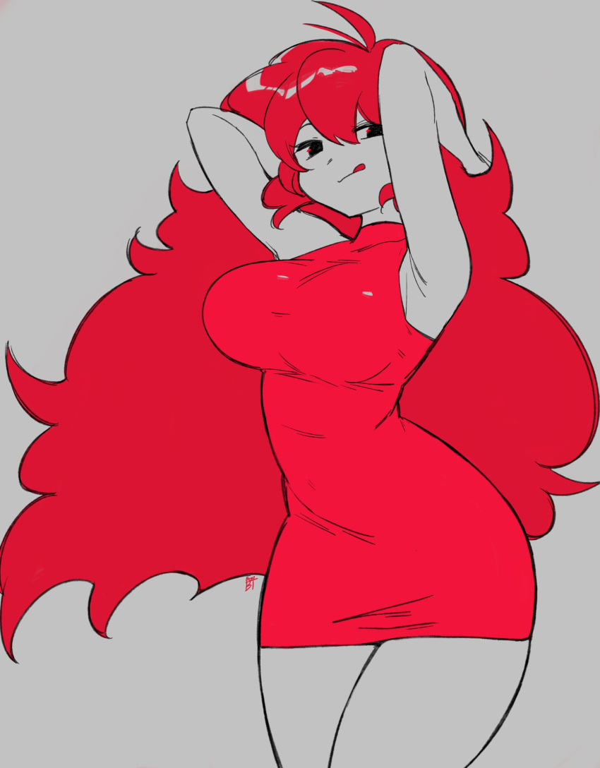 1girl, :p, absurdres, ahoge, armpits, benzbt, breasts, cowboy_shot