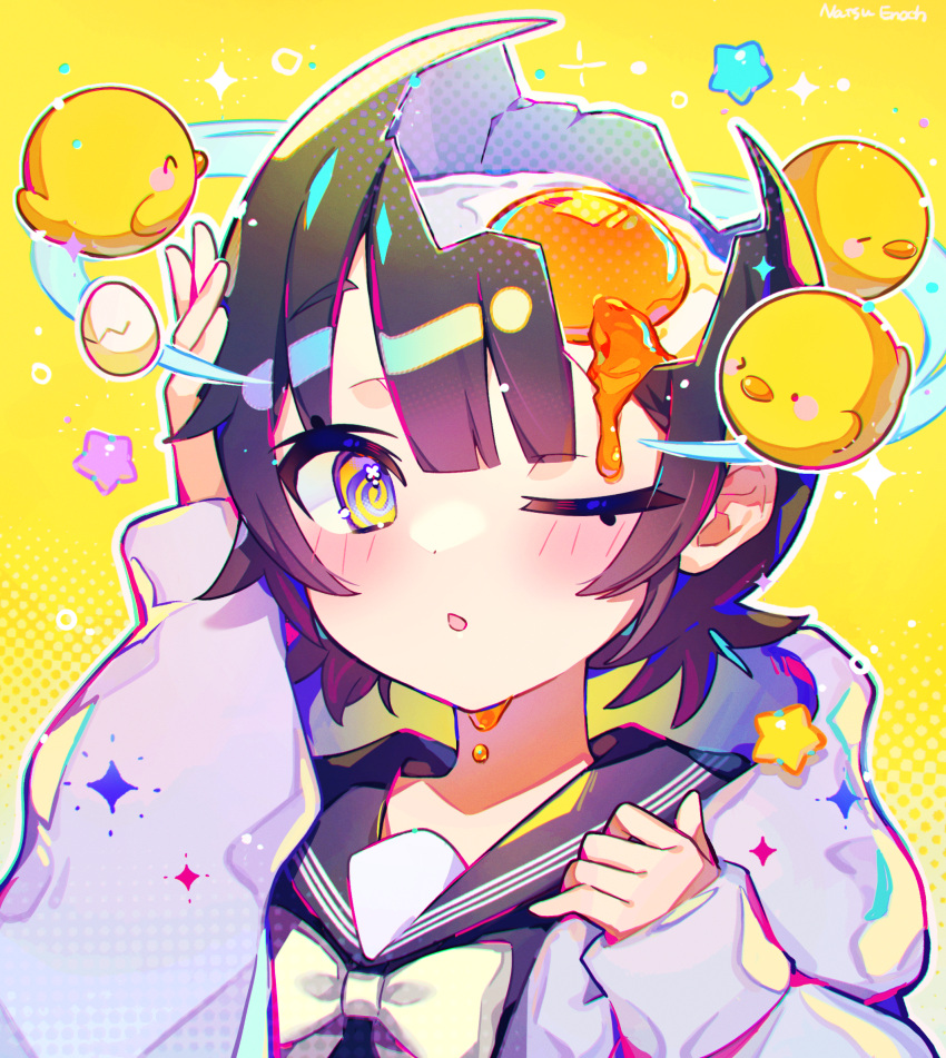 1girl, @_@, artist_name, bird, blush_stickers, bow, bowtie, broken_egg