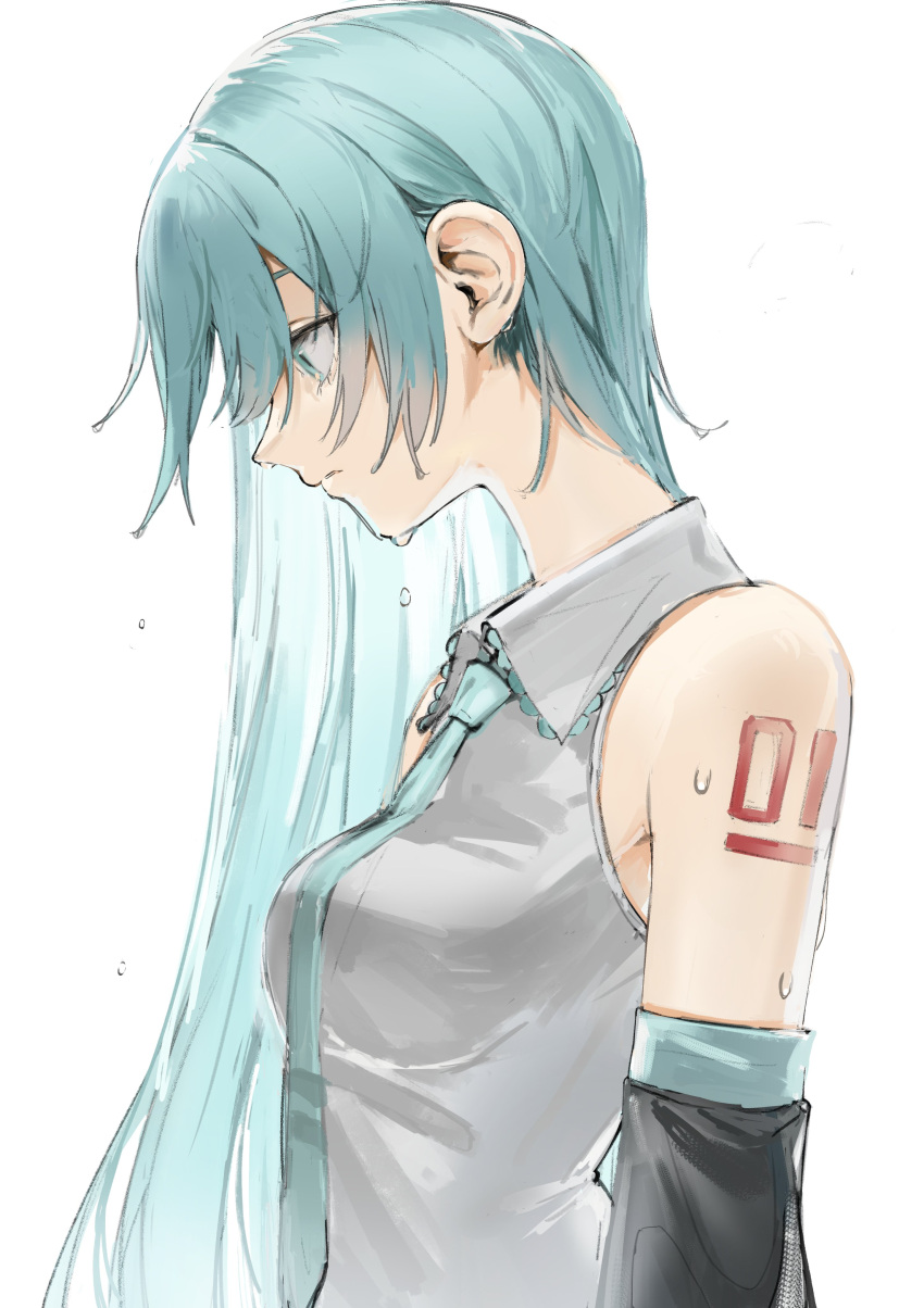 1girl, absurdres, arms_at_sides, bare_shoulders, black_sleeves, blue_eyes, blue_hair, blue_necktie