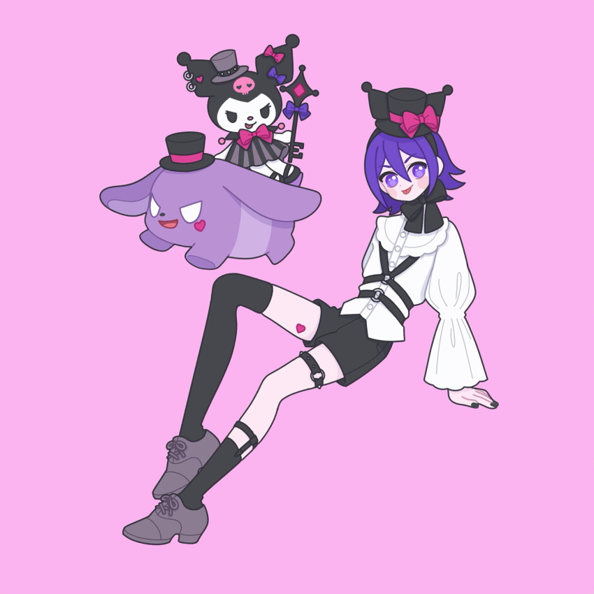 1boy, baku_(onegai_my_melody), black_hairband, black_headwear, black_nails, black_shorts, black_socks, black_thighhighs